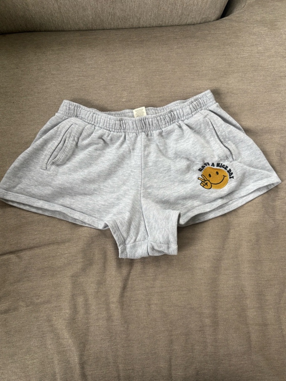 Ultra Flirt Light Gray Women’s Shorts with Yellow Smiley Patch